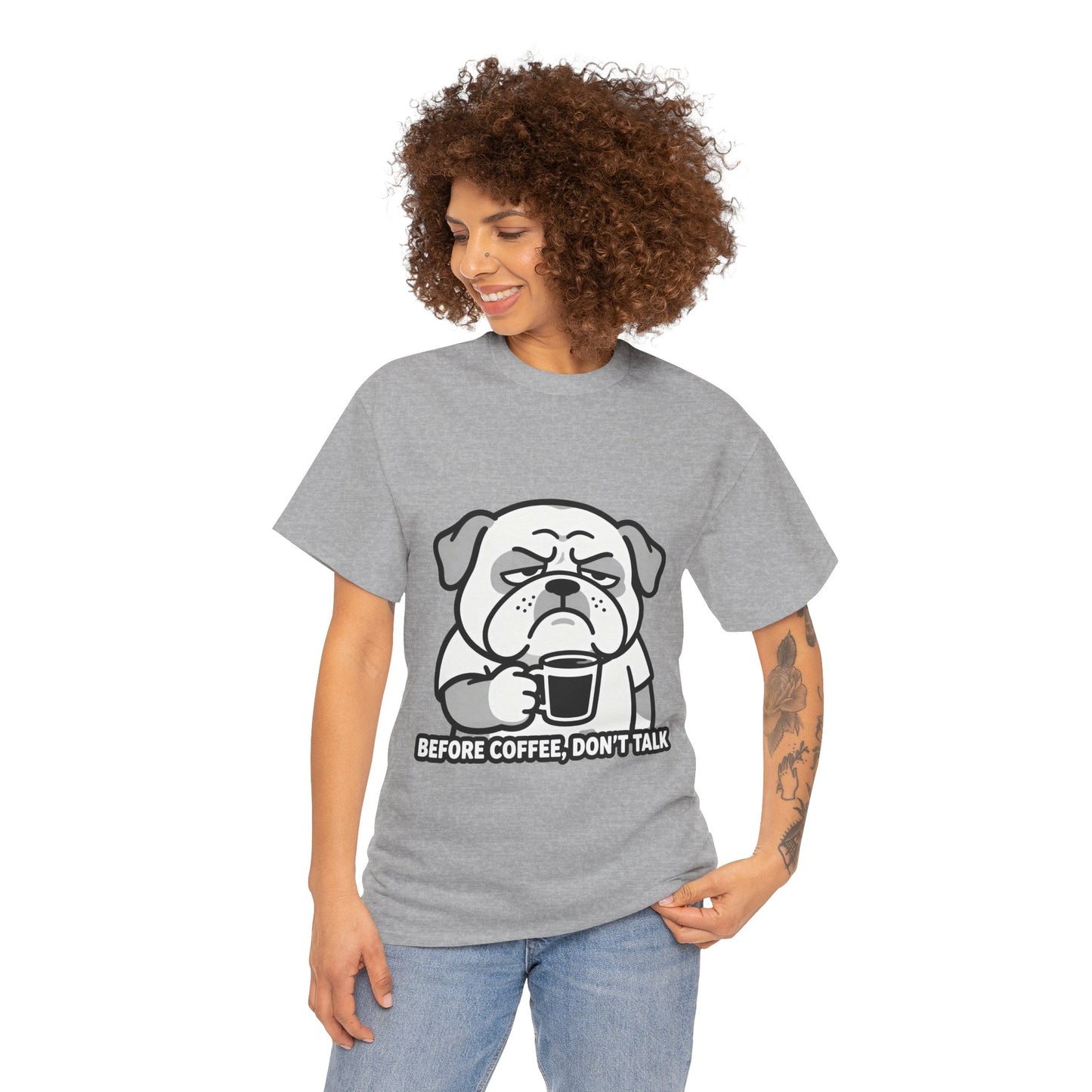 Coffee Grumpy Bulldog T-Shirt — "Before Coffee, Don’t Talk" Graphic Tee