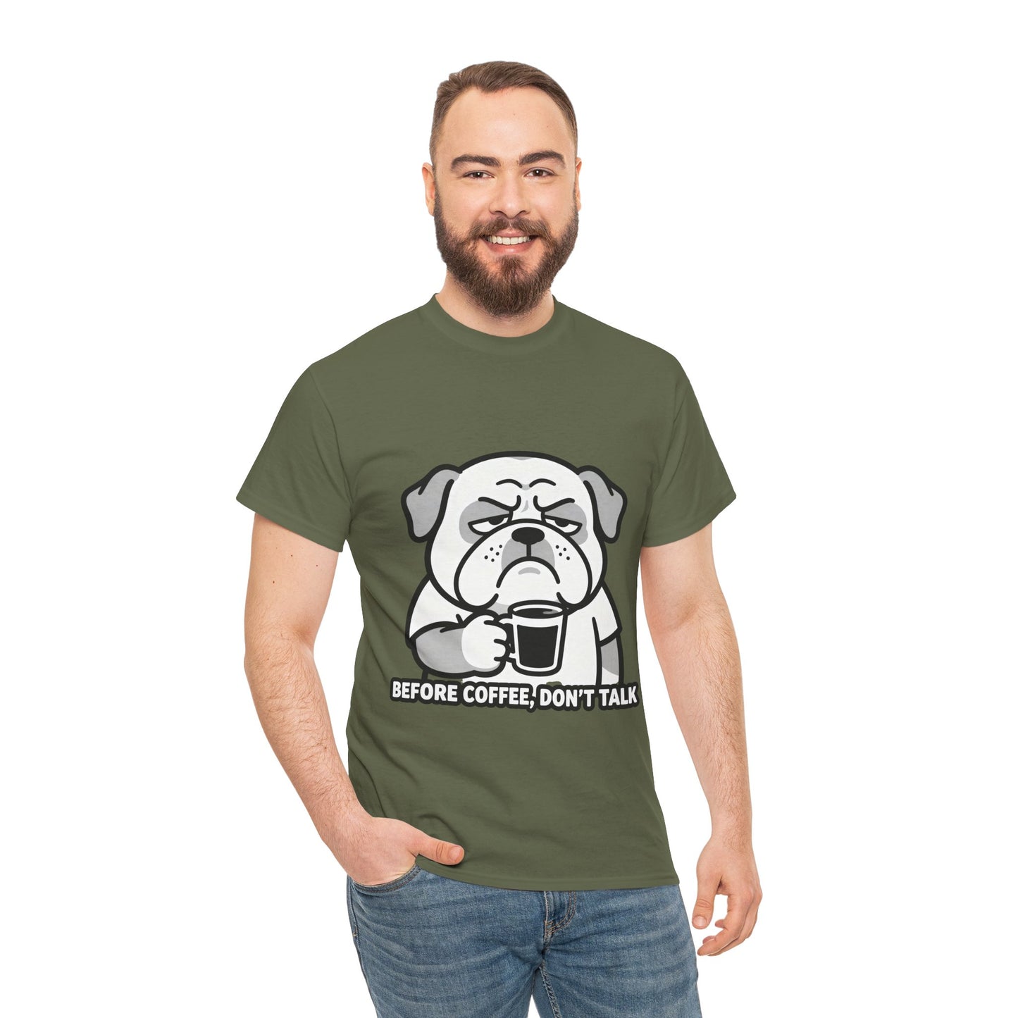 Coffee Grumpy Bulldog T-Shirt — "Before Coffee, Don’t Talk" Graphic Tee